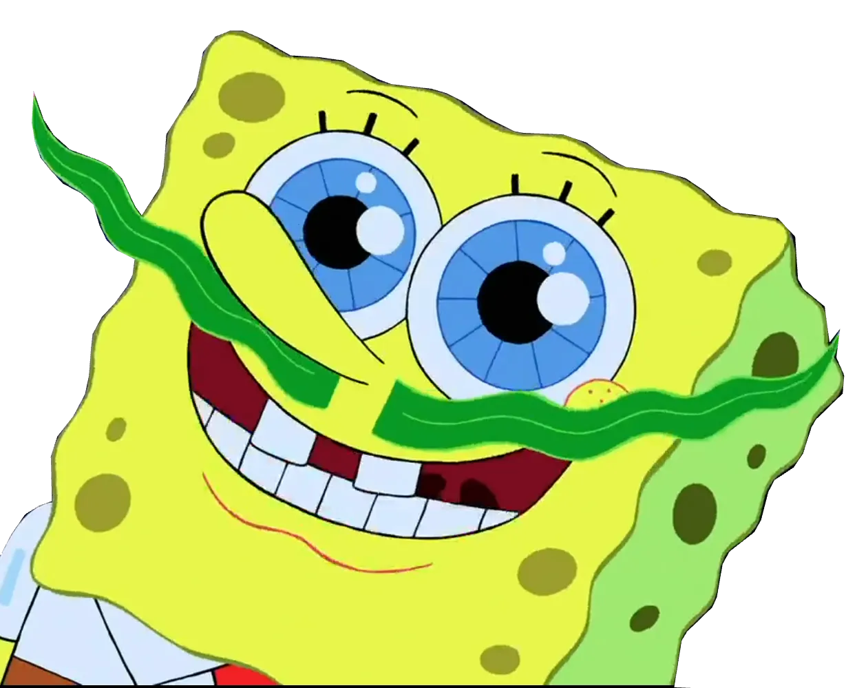SpongeBob wearing a seaweed mustache, standing in for a photo of Amin